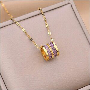 18k Gold Plated Stainless Steel Simulated Amethyst Barrel Pendant Necklace